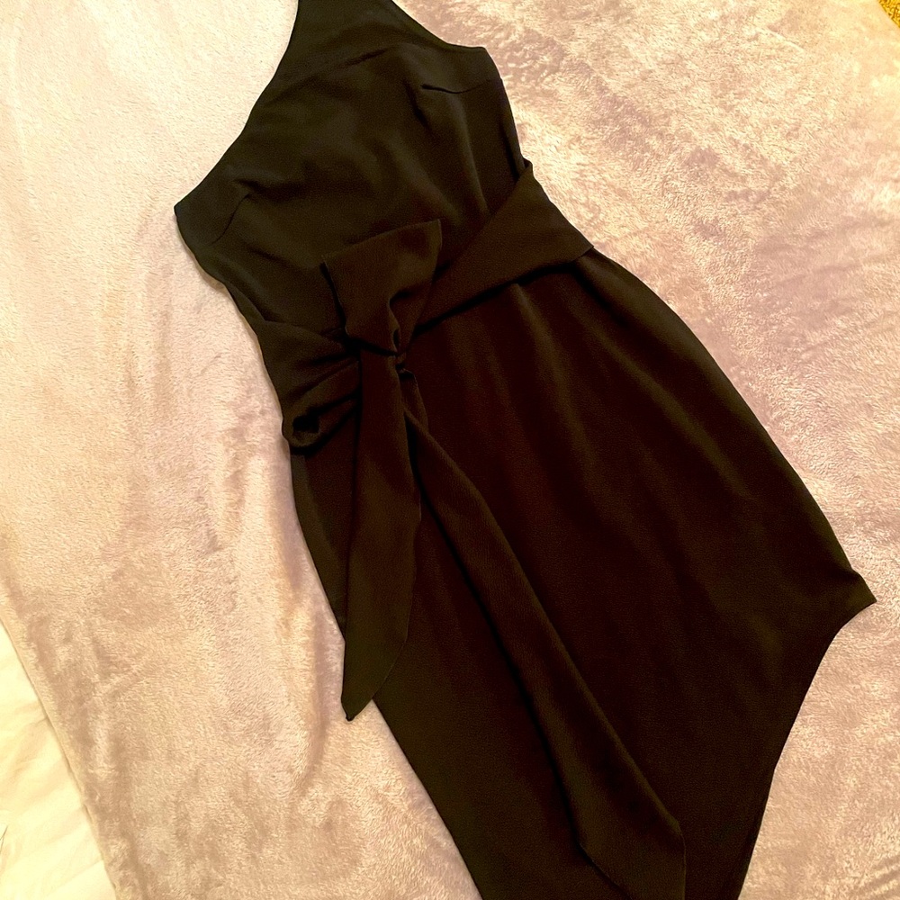 BLK petite one shoulder dress w/ tie waist.